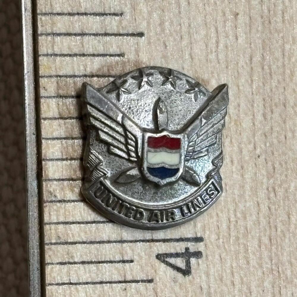 Vintage United Air Lines Sterling Silver Wing Shield Enamel Lapel Pin Airline